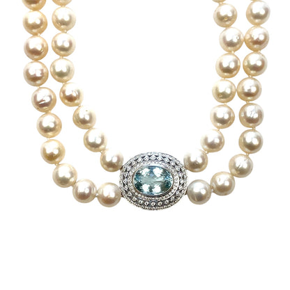 14ct White Gold Aquamarine & Diamond Double RowSouth Sea Pearl Necklace (28")