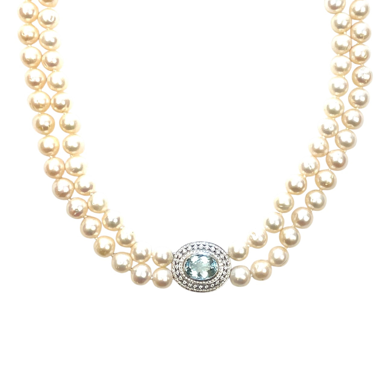 14ct White Gold Aquamarine & Diamond Double RowSouth Sea Pearl Necklace (28")