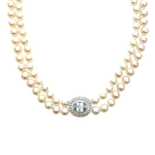 14ct White Gold Aquamarine & Diamond Double RowSouth Sea Pearl Necklace (28")