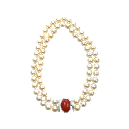 18ct White Gold Coral & Diamond Double Strand South Sea Pearl Necklace (18")