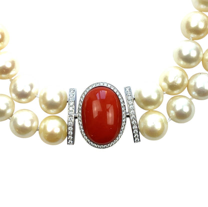 18ct White Gold Coral & Diamond Double Strand South Sea Pearl Necklace (18")