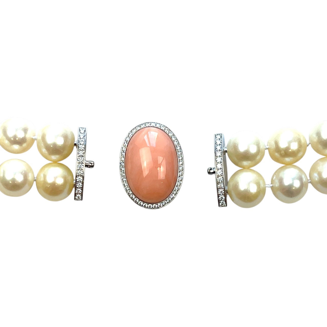 18ct White Gold Coral & Diamond Double Strand South Sea Pearl Necklace (18")