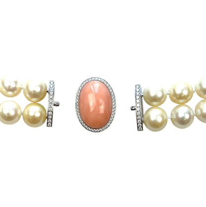 18ct White Gold Coral & Diamond Double Strand South Sea Pearl Necklace (18")