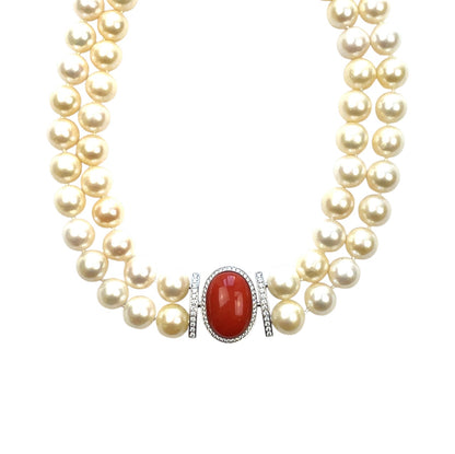 18ct White Gold Coral & Diamond Double Strand South Sea Pearl Necklace (18")
