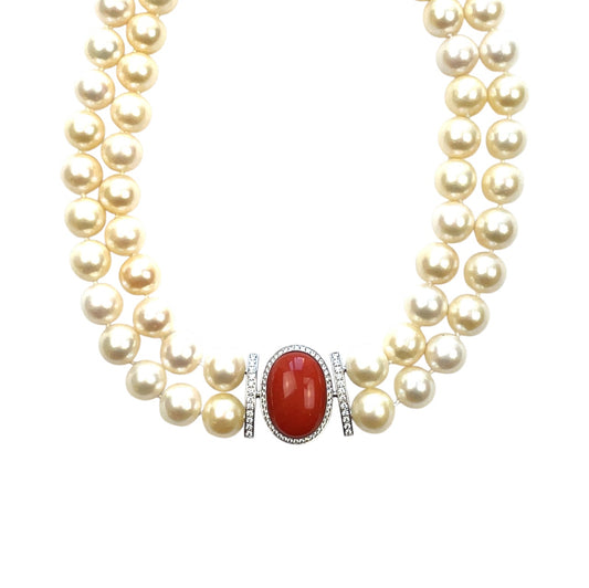 18ct White Gold Coral & Diamond Double Strand South Sea Pearl Necklace (18")