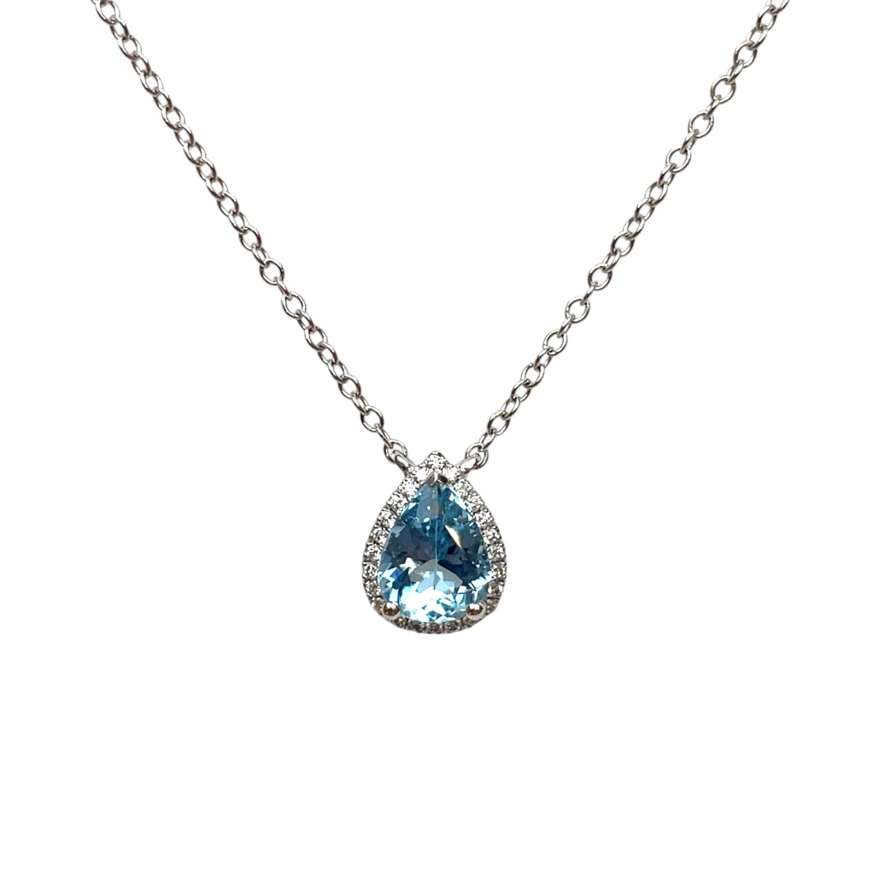 18ct White Gold Pear Cut Aquamarine & Diamond Pendant Necklace (16-18")