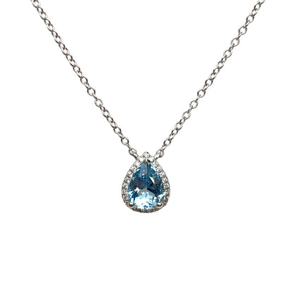 18ct White Gold Pear Cut Aquamarine & Diamond Pendant Necklace (16-18")