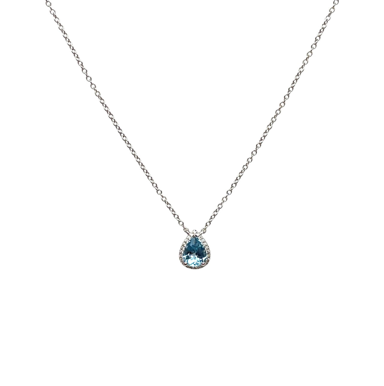 18ct White Gold Pear Cut Aquamarine & Diamond Pendant Necklace (16-18")