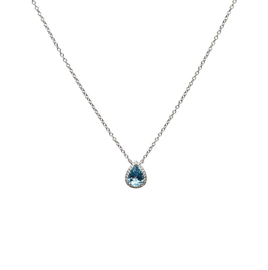 18ct White Gold Pear Cut Aquamarine & Diamond Pendant Necklace (16-18")