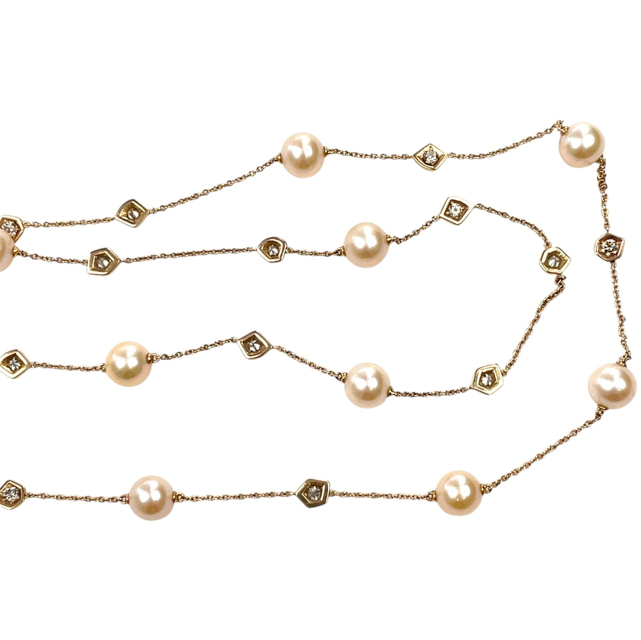18ct Rose Gold Pearl & Diamond Station Necklace (38")