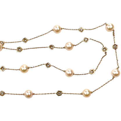 18ct Rose Gold Pearl & Diamond Station Necklace (38")