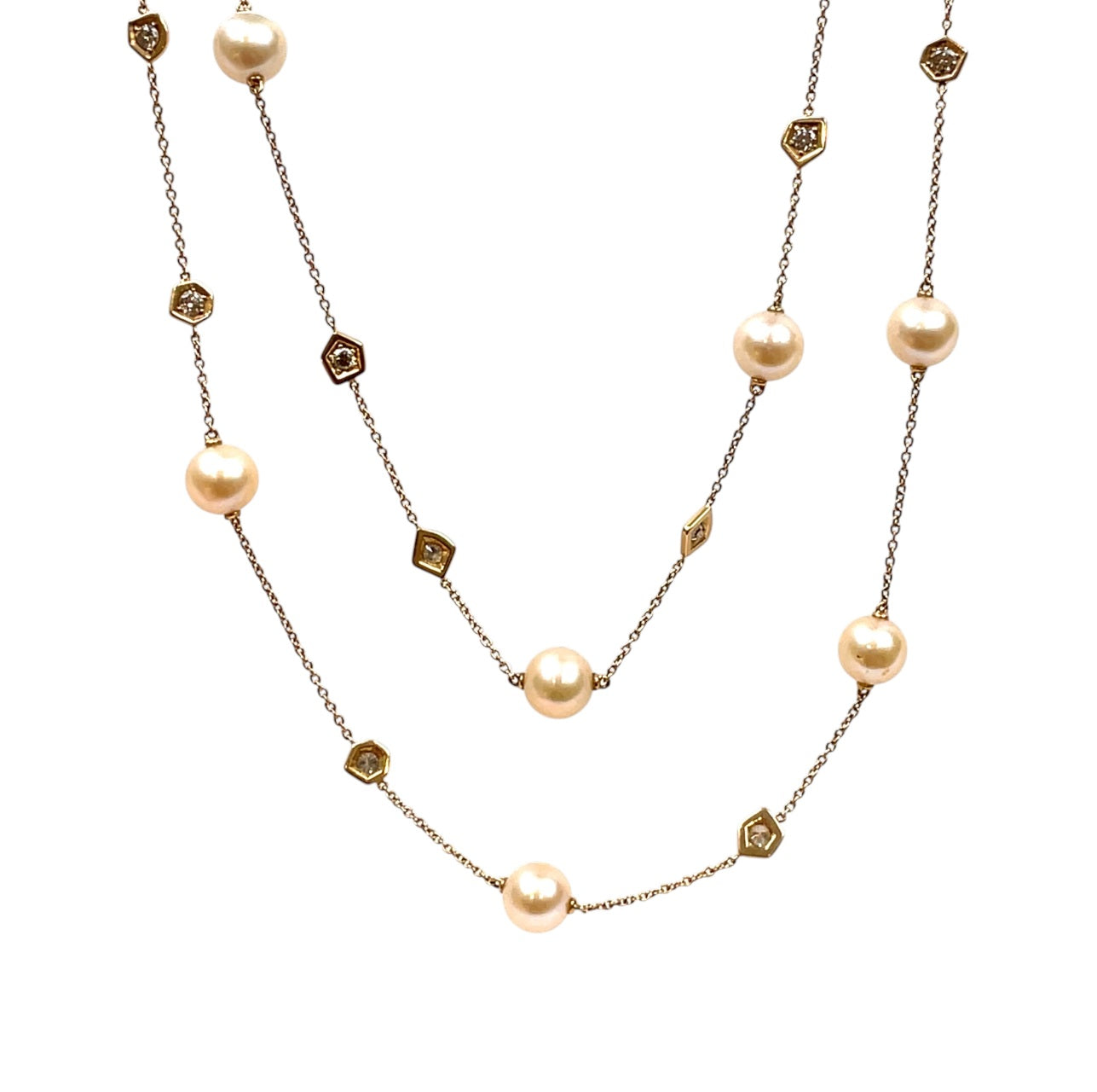 18ct Rose Gold Pearl & Diamond Station Necklace (38")