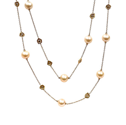 18ct Rose Gold Pearl & Diamond Station Necklace (38")