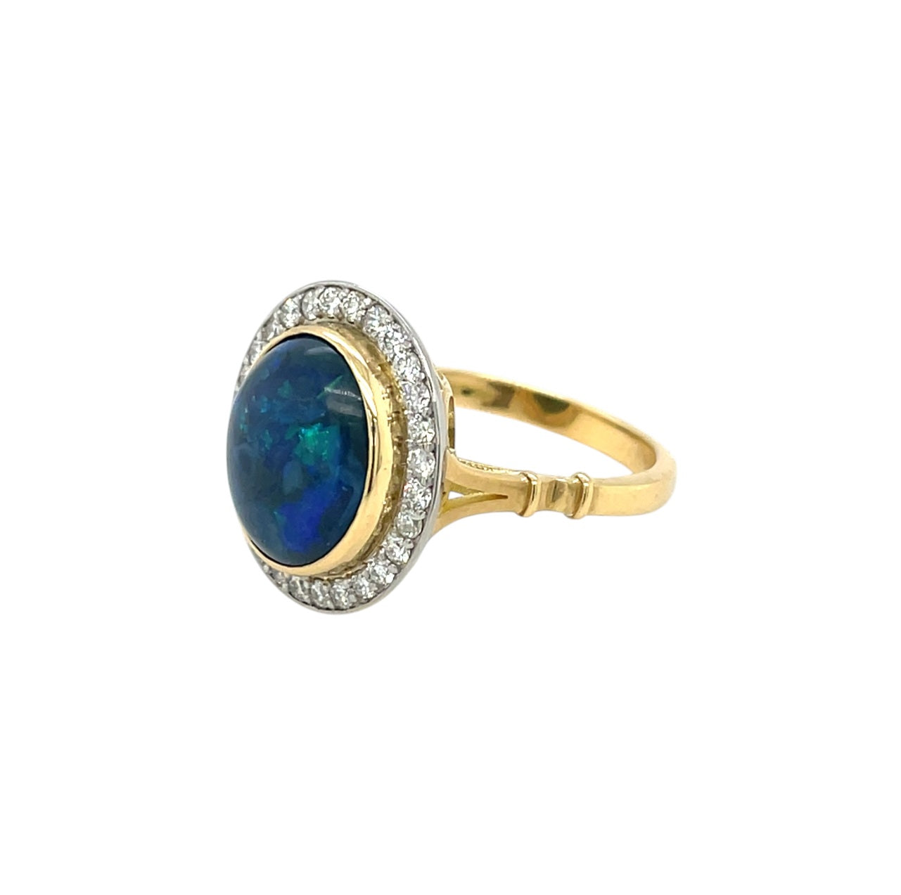 18ct Yellow Gold Black Opal & Diamond Cluster Ring (M)