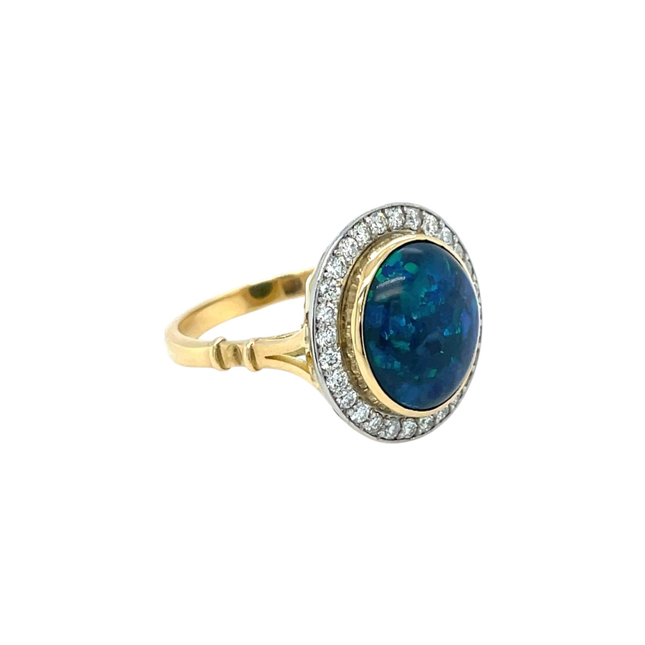 18ct Yellow Gold Black Opal & Diamond Cluster Ring (M)