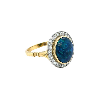 18ct Yellow Gold Black Opal & Diamond Cluster Ring (M)