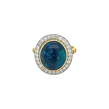 18ct Yellow Gold Black Opal & Diamond Cluster Ring (M)
