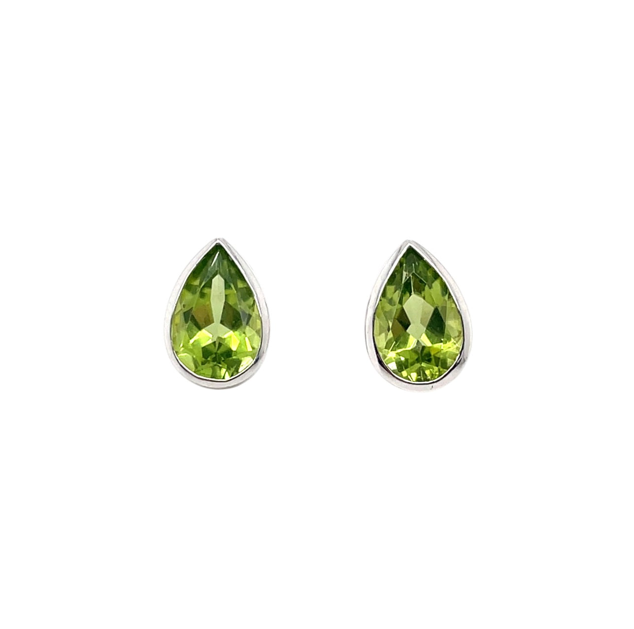 9ct White Gold Pear Shaped Peridot Rubover Stud Earrings
