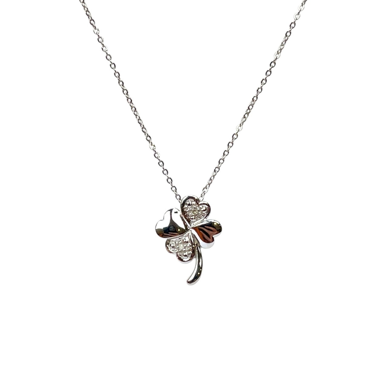 9ct White Gold Diamond Four Leaf Clover Pendant & Chain (18")