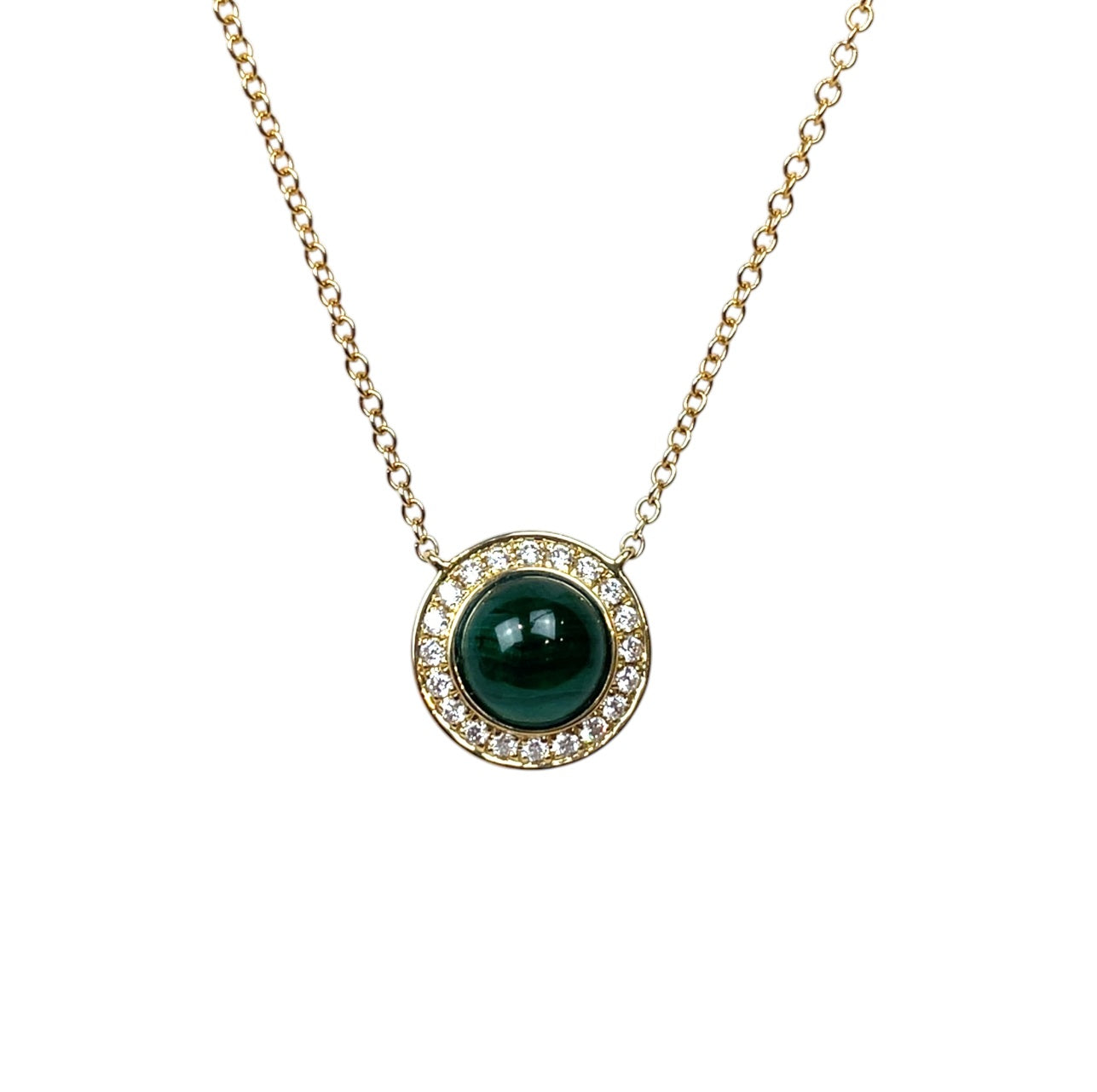 9ct Yellow Gold Diamond & Malachite Domed Necklace (16-18")