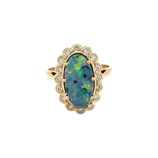 18ct Yellow Gold Opal & Diamond Cluster Ring (Q1/2)