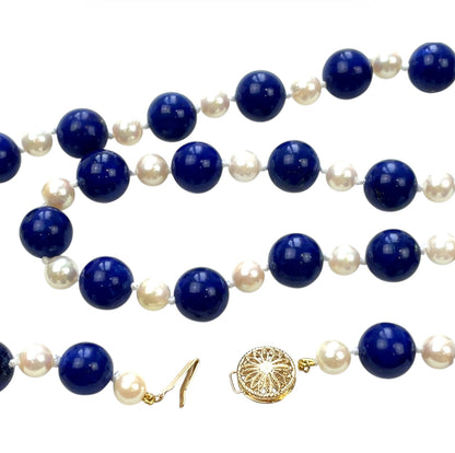 14ct Yellow Gold Lapis & Akoya Pearl Necklace (30")
