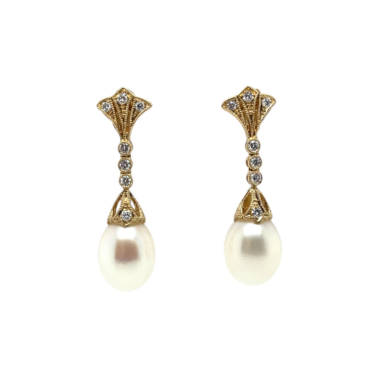18ct Yellow Gold Diamond & Pearl Drop Earrings