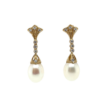 18ct Yellow Gold Diamond & Pearl Drop Earrings