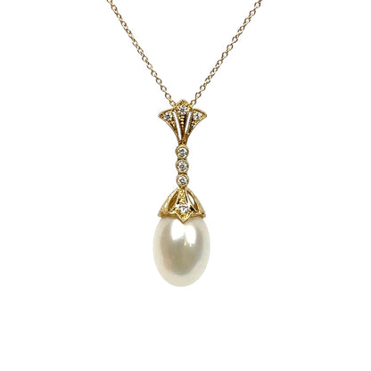 18ct Yellow Gold Diamond & Pearl Drop Pendant (16")
