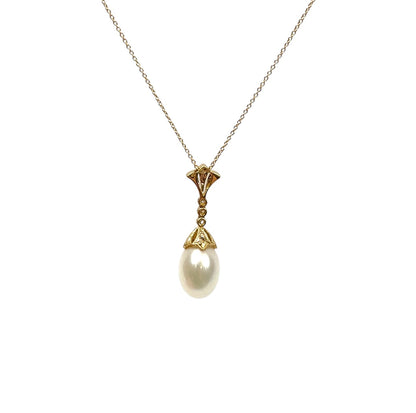 18ct Yellow Gold Diamond & Pearl Drop Pendant (16")