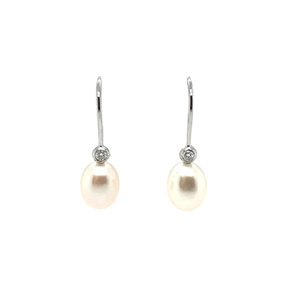 9ct White Gold Freshwater Pearl & Diamond Drop Earrings