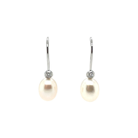 9ct White Gold Freshwater Pearl & Diamond Drop Earrings