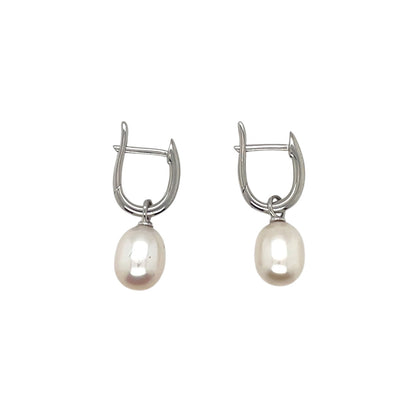 9ct White Gold Freshwater Pearl Huggie Drop Earrings