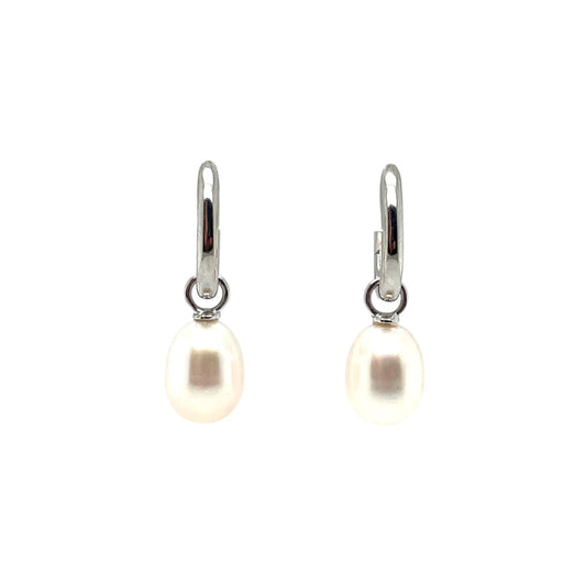 9ct White Gold Freshwater Pearl Huggie Drop Earrings