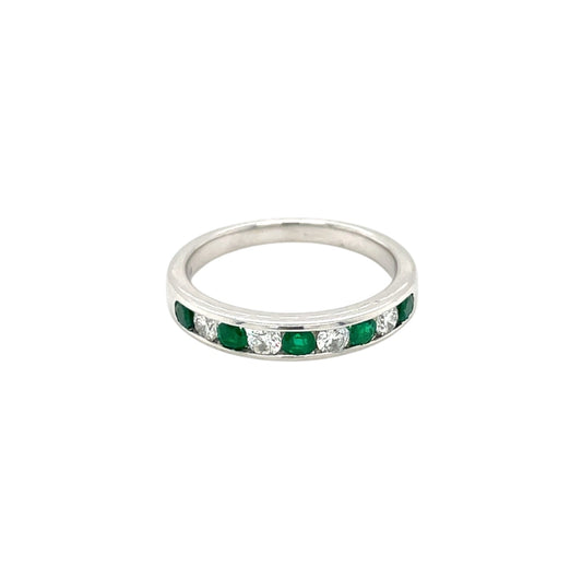 18ct White Gold Emerald & Diamond Channel 1/4 Set Eternity Ring (M)