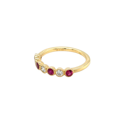 18ct Yellow Gold Ruby & Diamond Millgrain 1/4 Eternity Ring (N)