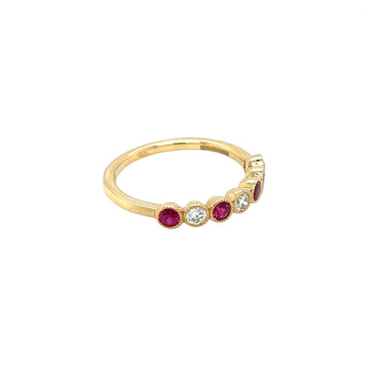 18ct Yellow Gold Ruby & Diamond Millgrain 1/4 Eternity Ring (N)
