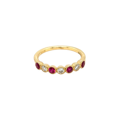 18ct Yellow Gold Ruby & Diamond Millgrain 1/4 Eternity Ring (N)