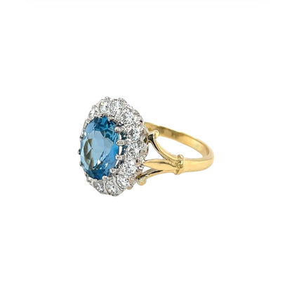 18ct Yellow & White Gold Aquamarine & Diamond Cluster Ring (L)