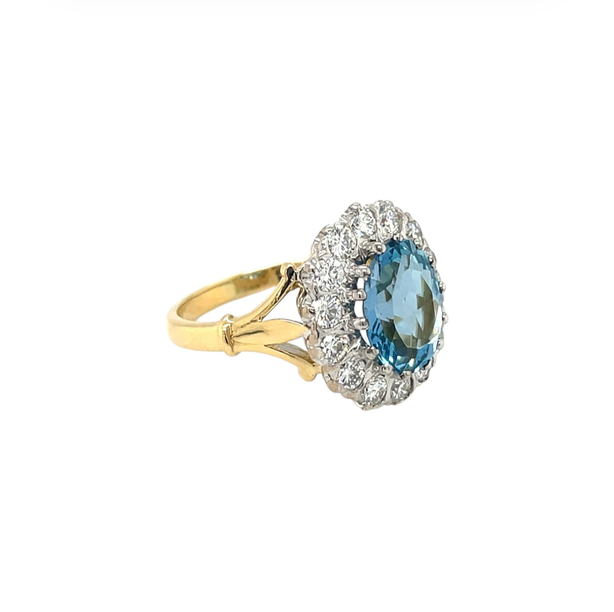 18ct Yellow & White Gold Aquamarine & Diamond Cluster Ring (L)