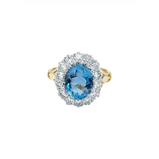 18ct Yellow & White Gold Aquamarine & Diamond Cluster Ring (L)