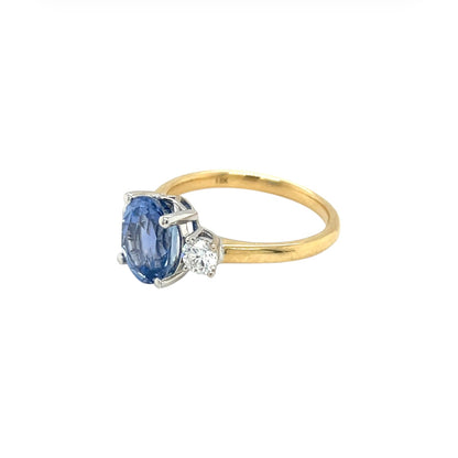18ct Yellow Gold Ceylon Sapphire & Diamond Three Stone Ring (M)