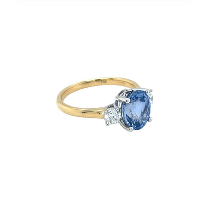 18ct Yellow Gold Ceylon Sapphire & Diamond Three Stone Ring (M)