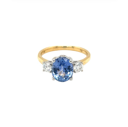 18ct Yellow Gold Ceylon Sapphire & Diamond Three Stone Ring (M)