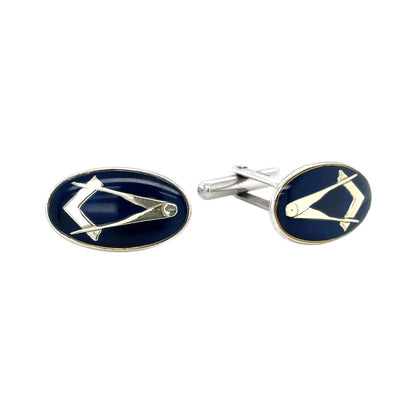 Silver & Blue Enamel Masonic Oval Bullet Back Cufflinks