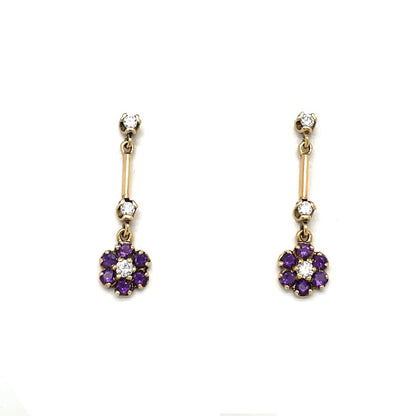 18ct Yellow Gold Diamond & Amethyst Drop Earrings