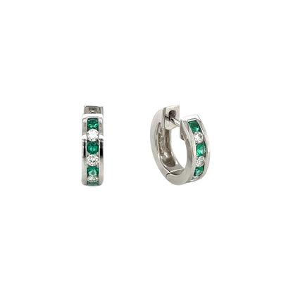 18ct White Gold Emerald & Diamond Hinged Hoop Earrings