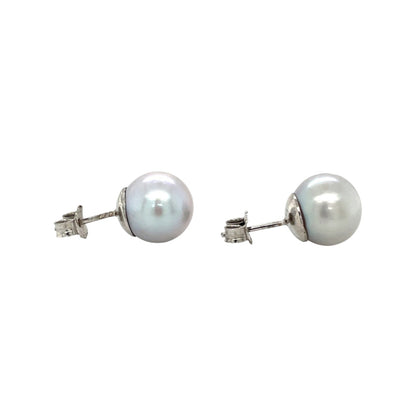 Silver Large Grey Freshwater Pearl Stud Earrings (12mm)