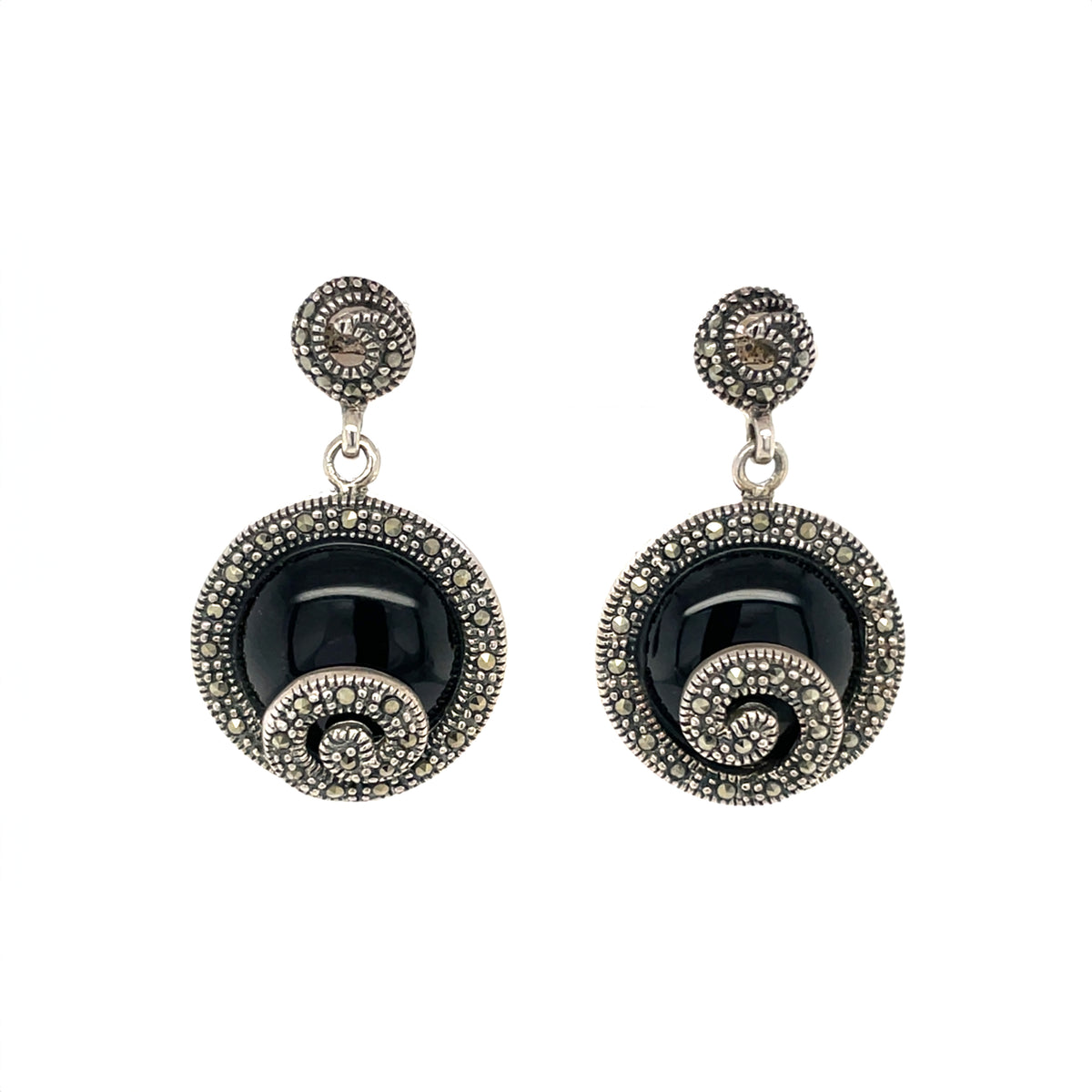 Silver Onyx & Marcasite Drop Earrings