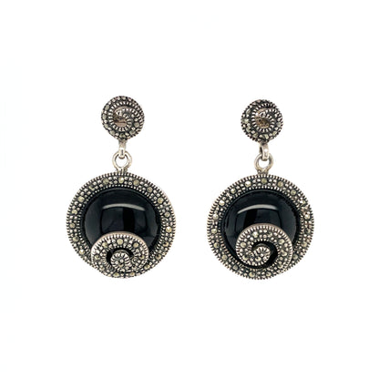 Silver Onyx & Marcasite Drop Earrings